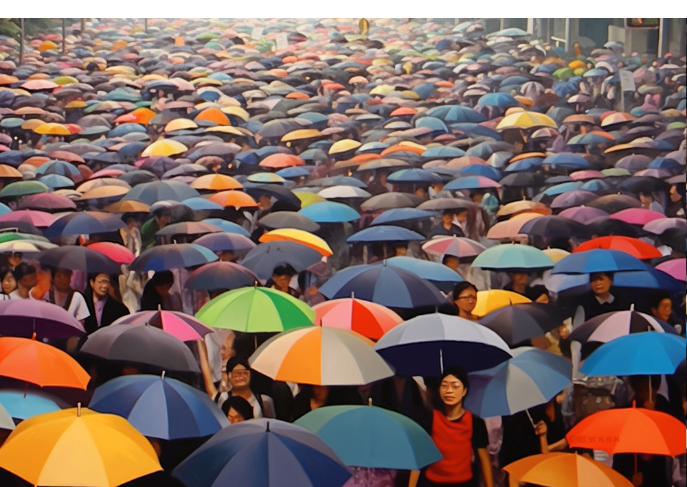 march, join, protest, umbrellas
