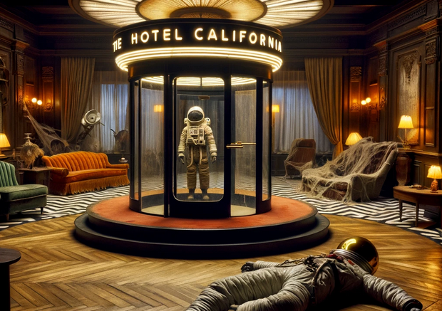 An astronaut enters Hotel California while another astronaut lies dead having been trapped there for some time