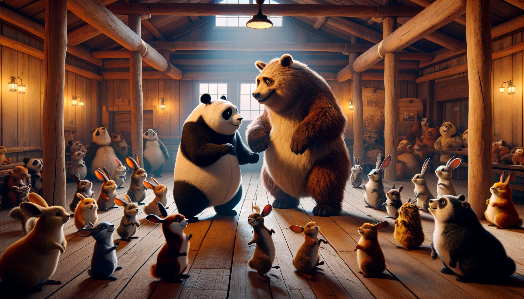 a brown bear and a panda dancing together in front of all the other animals