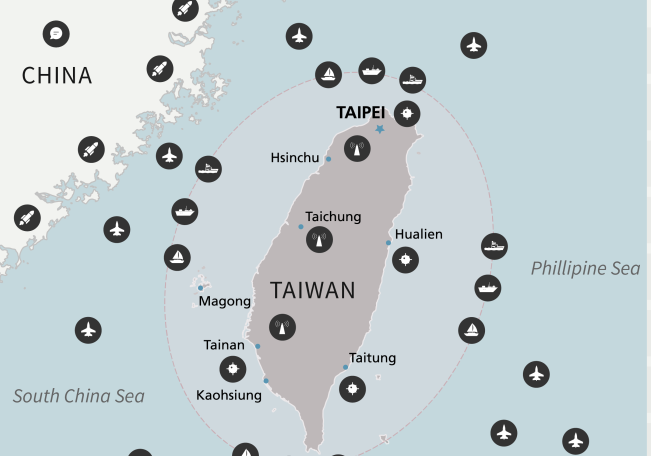 A map of a hypothetical blockade around Taiwan