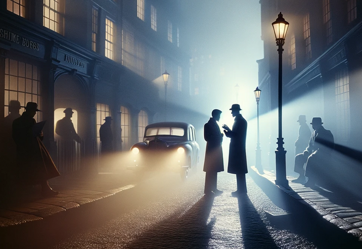 Two spies meet on foggy street