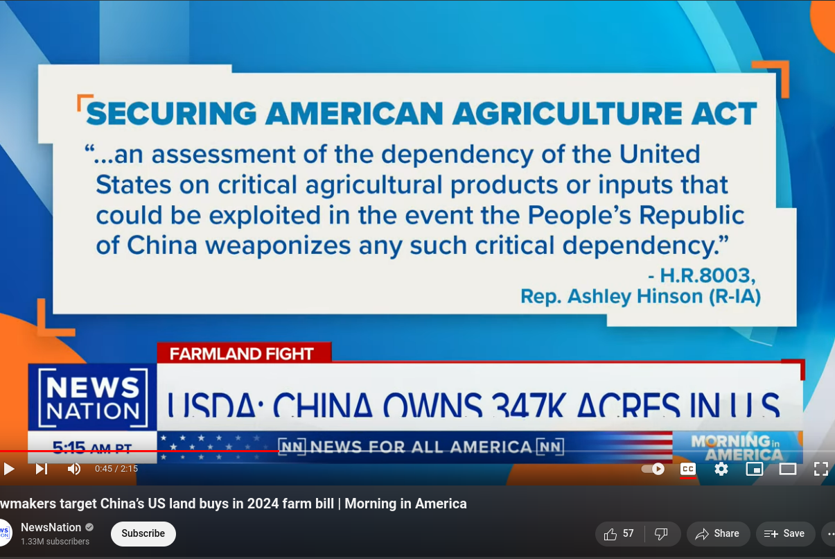 Screenshot of Youtube video of summary text from HR 8003 about new reporting requirements for China's involvement in USA agriculture